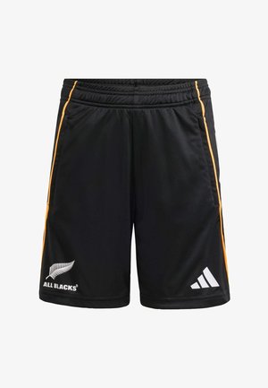 Crne atletske kratke hlače s narančastim bočnim trakama, elastičnim pojasom, logotipom All Blacks na lijevoj nozi i logotipom Adidas na desnoj nozi.