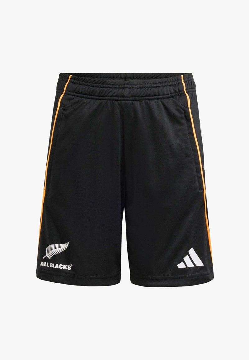 Crne atletske kratke hlače s narančastim bočnim trakama, elastičnim pojasom, logotipom All Blacks na lijevoj nozi i logotipom Adidas na desnoj nozi.