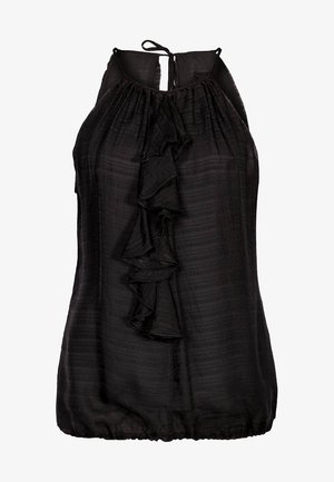 Top halter nero realizzato in tessuto texturizzato, con un dettaglio anteriore arricciato, scollatura gather e schiena scoperta con chiusura a tie.
