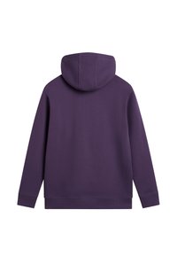 Haut à capuche violet, en mélange de coton, avec une coupe décontractée, des manches longues et une capuche avec cordon de serrage. Texture lisse sans motifs ni accessoires.