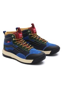 Zapatillas altas con una mezcla de ante azul, verde y negro, que cuentan con cordones marrones, suelas de goma y acentos de marca rojos.