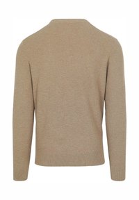 Beige gestrickter Pullover mit strukturierter Oberfläche, langen Ärmeln und rundem Ausschnitt. Rippbündchen und Saum. Einfaches, einfarbiges Design.
