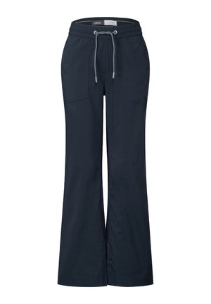 Pantalon large bleu marine en tissu léger, doté d'une taille élastique avec cordon de serrage ajustable et de deux poches avant.
