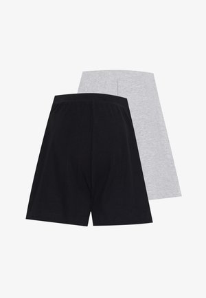 Schwarze und graue Shorts sind vertikal gestapelt; die schwarze hat eine gerippte Textur und einen elastischen Bund, während die graue eine glatte Oberfläche aufweist.