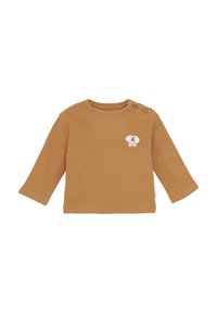 Mosterdkleurige lange mouwen shirt met ribbelstructuur. Voorzien van een klein geborduurd hondje op de borst en twee knoopaccenten op de schouder.