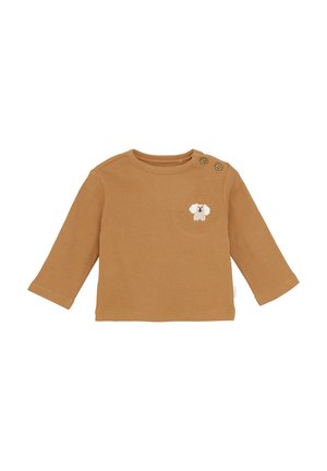 Musztardowa koszula z długim rękawem o żeberkowanej teksturze. Posiada małego haftowanego psa na piersi oraz dwa guziki na ramieniu.