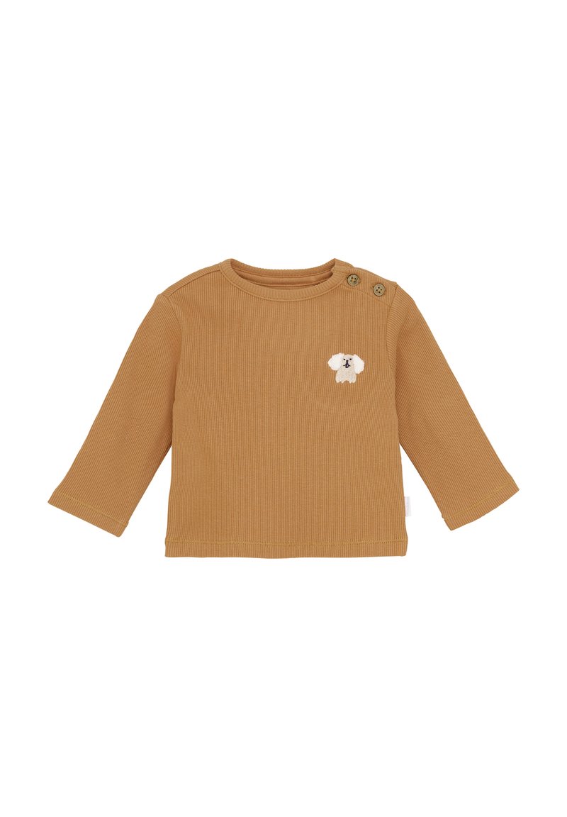 Mosterdkleurige lange mouwen shirt met ribbelstructuur. Voorzien van een klein geborduurd hondje op de borst en twee knoopaccenten op de schouder.