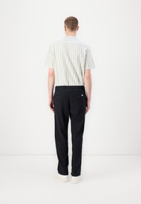 Short-sleeve striped shirt in light green and white, paired with dark trousers. Features a standard collar and minimal back detail.