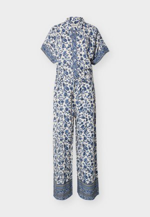 Combinaison blanche à imprimé floral bleu, manches courtes, patte de boutonnage à l'avant, col, taille à cordon de serrage et jambes larges avec des poignets à motif.