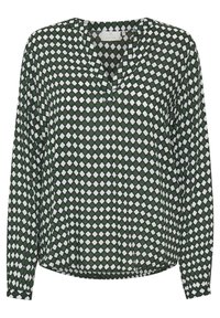 Grøn langærmet bluse med et diamantmønster i hvid, med en V-hals og et afslappet fit. Fremstillet af et let, glat materiale.