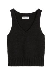 Czarny top bez rękawów z głębokim dekoltem w kształcie litery V, teksturowany materiał dzianinowy i prążkowany dół. Metka z napisem „Marc O'Polo DENIM.”