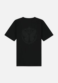 Zwarte katoenen T-shirt met een tonale vlinder- en oogontwerp op de achterkant. Korte mouwen en een ronde hals maken de look compleet.