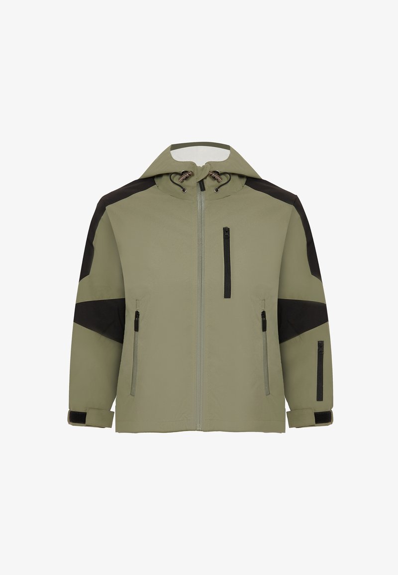 Giacca outdoor verde e nera con chiusura a zip, cappuccio regolabile, due tasche con zip e polsini elasticizzati; texture liscia con pannelli a contrasto.