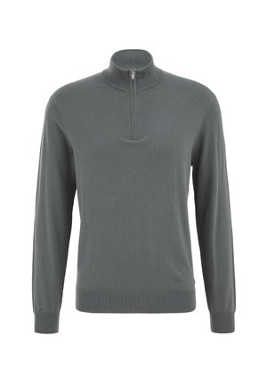 Pelēks garroku džemperis ar augstu apkakli un pusējā rāvējslēdzēja aizdari. Materiāls izskatās mīksts ar gludu struktūru. Ribu aproces un apakšmala.