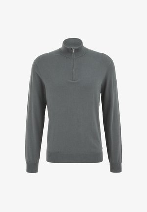 Pelēks garroku džemperis ar augstu apkakli un pusējā rāvējslēdzēja aizdari. Materiāls izskatās mīksts ar gludu struktūru. Ribu aproces un apakšmala.