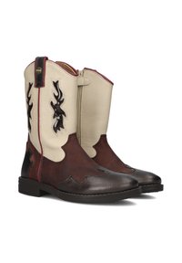 Bottes de cow-boy marron et crème avec des broderies décoratives, en cuir, à bouts pointus, avec une fermeture éclair sur le côté et des accents contrastants.