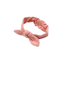 Diadema de tela acanalada rosa con un lazo anudado en la parte delantera y una banda elástica para un ajuste seguro.