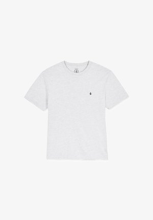 Gray short-sleeve t-shirt made of soft fabric, featuring a crew neckline and a small black logo on the left chest. Simple design and texture.