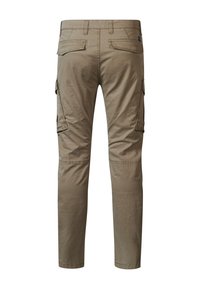 Khaki cargobroek met een rechte pasvorm, meerdere zijzakken en een gladde, duurzame stof met een subtiele glans.