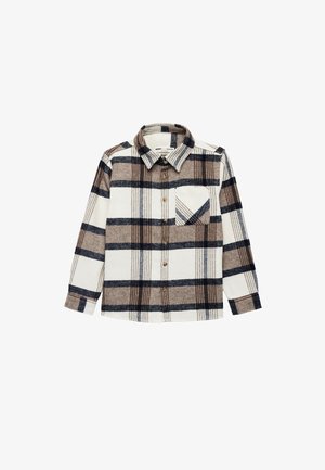 Langsleeve geruite shirt in crème, bruin en marineblauw. Gemaakt van zachte stof, met een knoopsluiting aan de voorkant en een enkele borstzak.