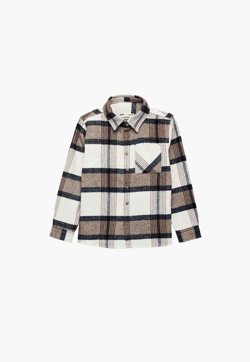 Koszula w kratę z długim rękawem w kolorze kremowym, brązowym i granatowym. Wykonana z miękkiego materiału, z zapięciem na guziki z przodu i jedną kieszenią na piersi.