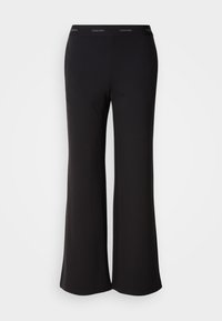 Μαύρο παντελόνι με καμπάνα από απαλό ύφασμα, με φαρδύ ζωνάρι στη μέση που φέρει το λογότυπο Calvin Klein. Λεία υφή, σε ολόσωμο μήκος.