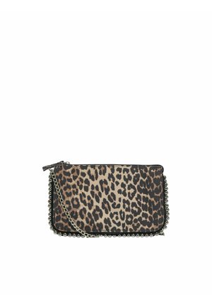 Borsa a tracolla con stampa leopardata, chiusura con zip, tracolla a catena, bordo in perline nere, materiale in tessuto, forma rettangolare e palette di colori neutra.