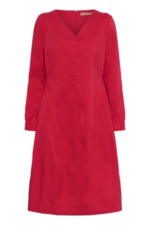 Vestido rojo con escote en V, mangas largas abullonadas y puños elásticos. Tejido suave con un ajuste ligeramente holgado y dobladillo a la altura de la rodilla. Cierre de cremallera en la parte posterior.