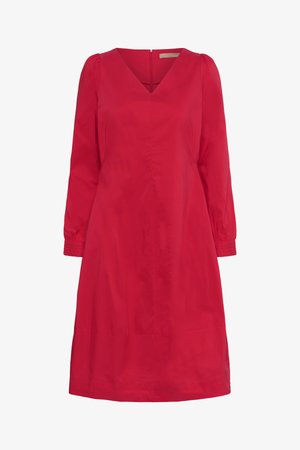 Vestido rojo con escote en V, mangas largas abullonadas y puños elásticos. Tejido suave con un ajuste ligeramente holgado y dobladillo a la altura de la rodilla. Cierre de cremallera en la parte posterior.