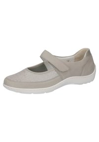 Beige Mary Jane-Schuh mit einer strukturierten, krokodilähnlichen Lederzehe, weichen Wildlederseiten und einer weißen Gummisohle. Verfügt über einen verstellbaren Klettverschluss.