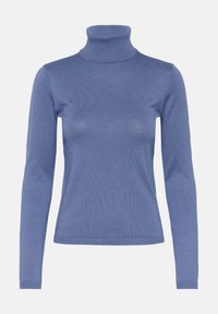 Blue, ribbed turtleneck sweater with long sleeves; features a fitted design and soft texture. No patterns or embellishments visible.