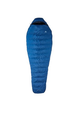 Sacco a pelo blu a forma di mummia, realizzato in tessuto lucido, con cuciture orizzontali, cappuccio con cordino e logo sulla base.