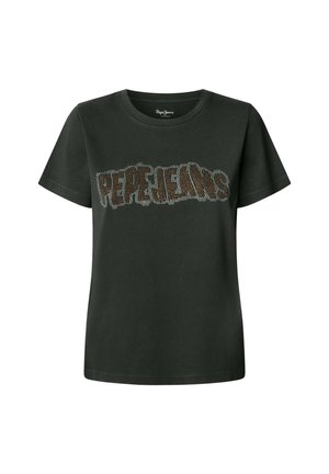 Tume roheline lühikeste varrukatega T-särk, mis on valmistatud puuvillast, ümarate kaeluste ja sädeleva "PEPE JEANS" logoga, mis on kaunistatud mitme värviliste nööpidega.