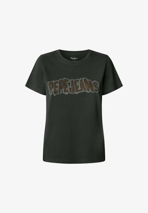 Tume roheline lühikeste varrukatega T-särk, mis on valmistatud puuvillast, ümarate kaeluste ja sädeleva "PEPE JEANS" logoga, mis on kaunistatud mitme värviliste nööpidega.