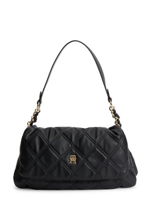 Sac à bandoulière en cuir noir matelassé avec des accents de chaîne dorée et un logo double-T doré sur le rabat avant.
