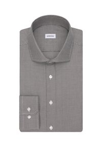 Camicia a maniche lunghe con motivo in bianco e nero, collo aperto, chiusura con bottoni frontali e polsino con un solo bottone. Tessuto liscio, design su misura.