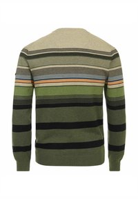 Men's sweater in green and beige with horizontal stripes. Features long sleeves and a crew neck. Made of knitted fabric with varied colors.