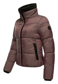 Padded jacket in a muted mauve color, featuring a high collar, black zipper, and side pocket with a contrasting black accent.