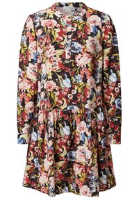 Bloemen lange mouwen jurk met een hoge hals, knoopdetails en een gelaagde rok. Kleuren zijn onder andere rood, roze, blauw en groen op een donkere achtergrond.
