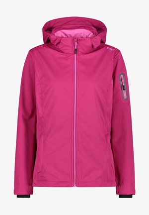 Ljusrosa vattentät jacka med huva, framzipper och sidofickor. Har en bröstficka med dragkedja och elastiska manschetter.
