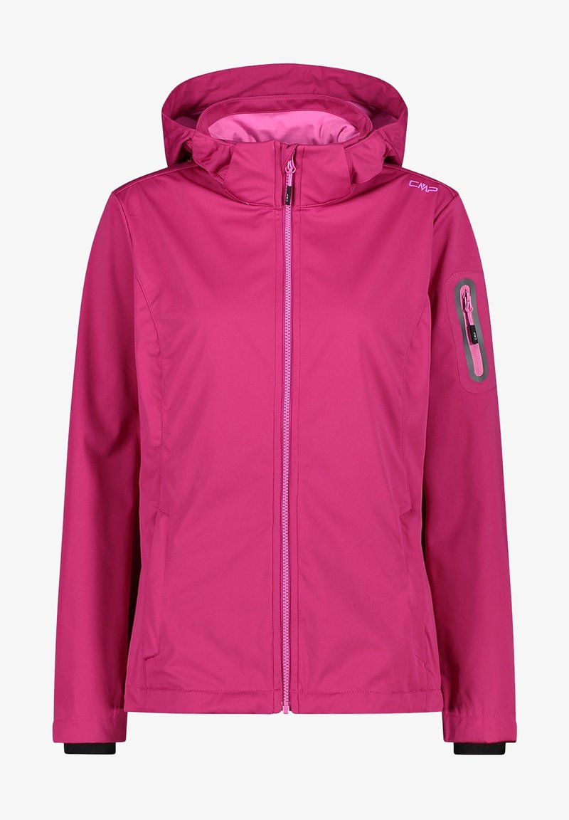Veste imperméable rose vif avec capuche, fermeture éclair à l'avant et poches latérales. Comprend une poche poitrine zippée et des poignets élastiques.