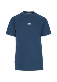 Marineblaue Baumwoll-T-Shirt mit Rundhalsausschnitt, kurzen Ärmeln und einem weißen Drucklogo auf der Brust. Entworfen mit einer regulären Passform und minimalen Details.
