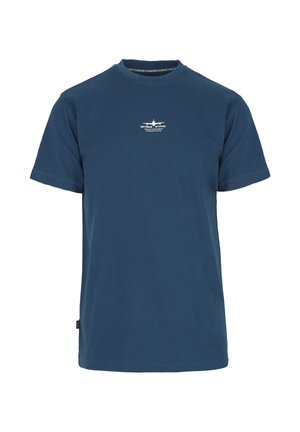 Navy blue cotton T-shirt with a crew neck, short sleeves, and a white printed logo on the chest. Designed with a regular fit and minimal detailing.