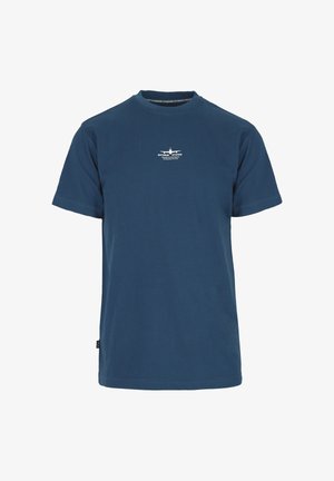 Marineblaue Baumwoll-T-Shirt mit Rundhalsausschnitt, kurzen Ärmeln und einem weißen Drucklogo auf der Brust. Entworfen mit einer regulären Passform und minimalen Details.