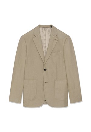 Blazer beige à simple boutonnage avec revers crantés, un bouton noir, deux poches plaquées à l'avant et une poche poitrine passepoilée, doublé à l'intérieur.