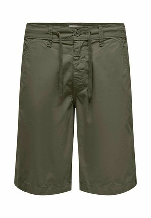 Pantalones cortos verde oliva hechos de un tejido ligero, con un cierre de botón y cordón, y bolsillos laterales con una textura suave.