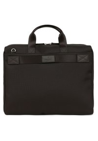 Dark brown fabric laptop bag with dual handles, zip closure, and textured accents. Features a flat back panel and metal hardware.