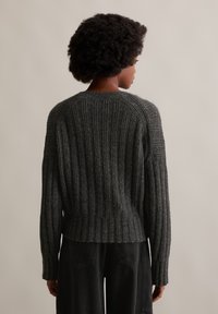Grijze geribbelde gebreide trui met lange mouwen en een cropped zoom. Bevat textuurdetails langs de rug en schouders.