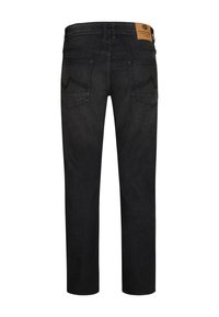Zwarte spijkerbroek van denim met een rechte snit, voorzien van een leren taillepatch, achterzakken met stikseldetails en een licht vervaagde afwerking.