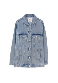 Lichtblauwe spijkerjasje met een kraag, twee borstzakken, zijzakken en knoopsluitingen. Heeft een licht vervaagde textuur.